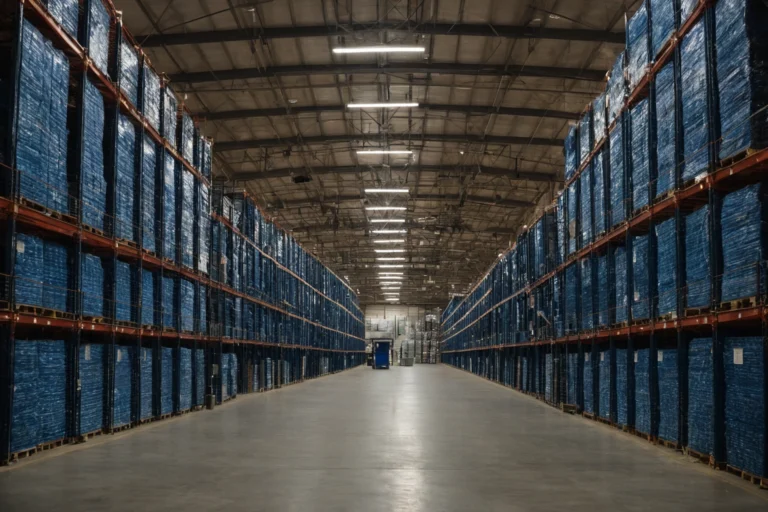 Rolled hand-knotted wool carpets racked in the aisle of a bonded textile warehouse