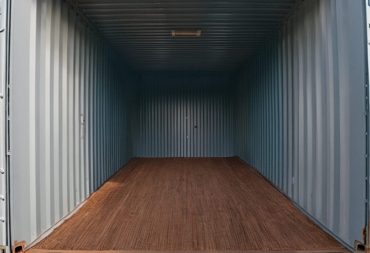 Rolled wool carpets stacked inside an open steel shipping container at a freight terminal