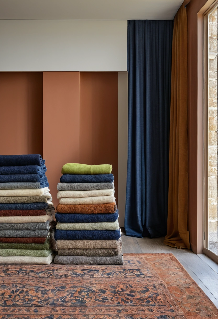Folded hand-knotted wool carpets stacked in a trade showroom against a plaster wall