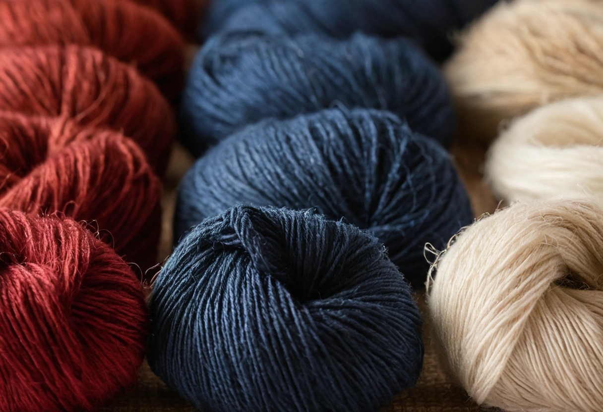 Macro detail of hand-spun wool yarn strands and individual fibre ends in natural dye colours